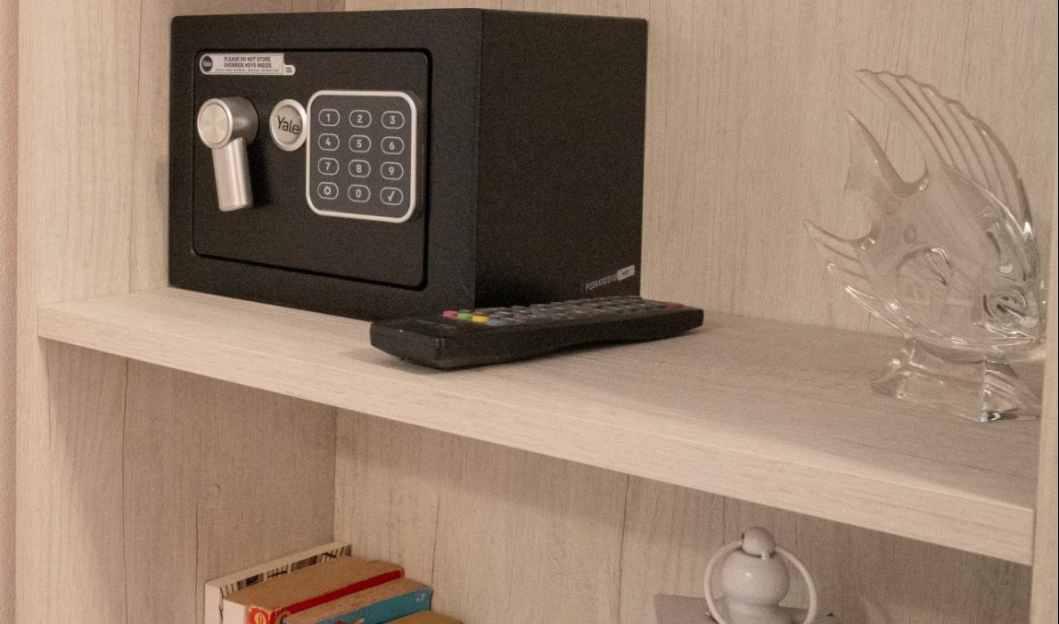The hidden safe tucked between the books on the shelves of the living room