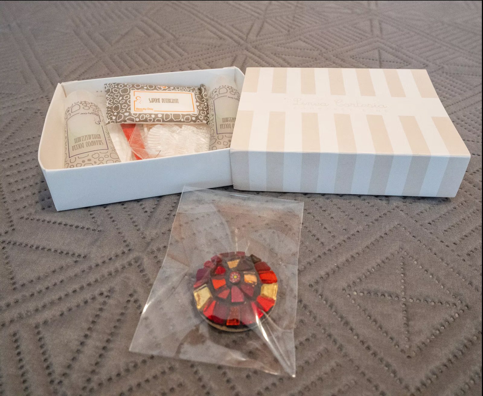 The welcome kit laid out in the room for those who arrive