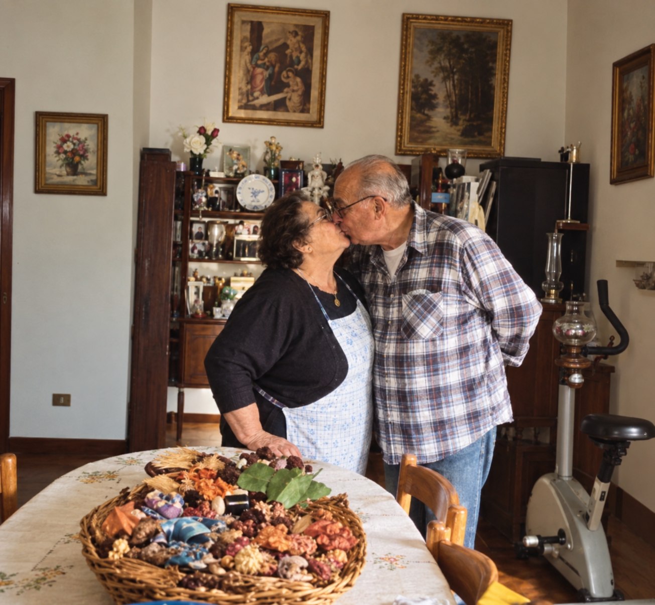 Erminio e Rina si baciano in piedi accanto al tavolo apparecchiato