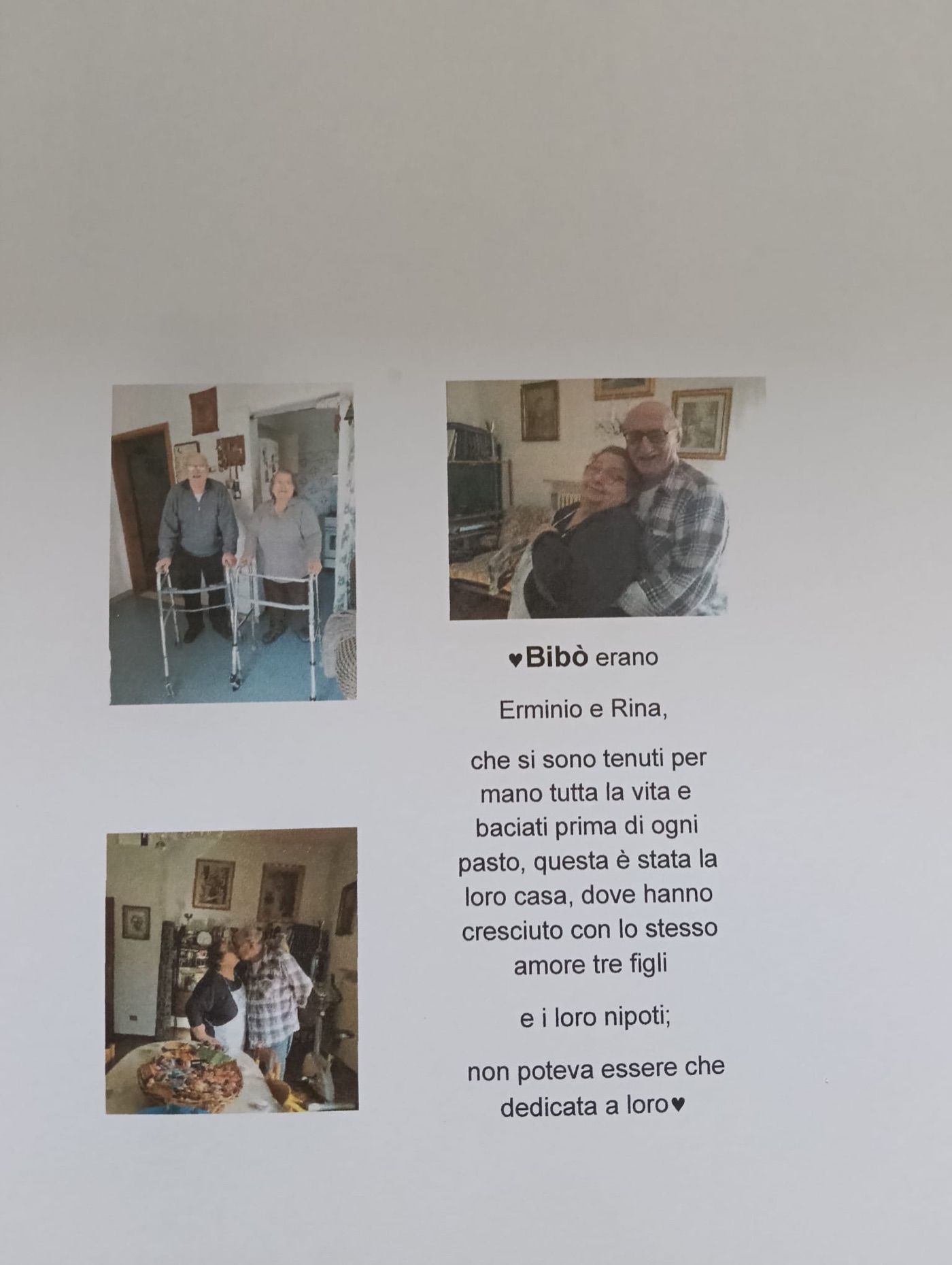 Il foglio di famiglia con le tre foto di Erminio e Rina e il testo che racconta da dove viene il nome Bibò